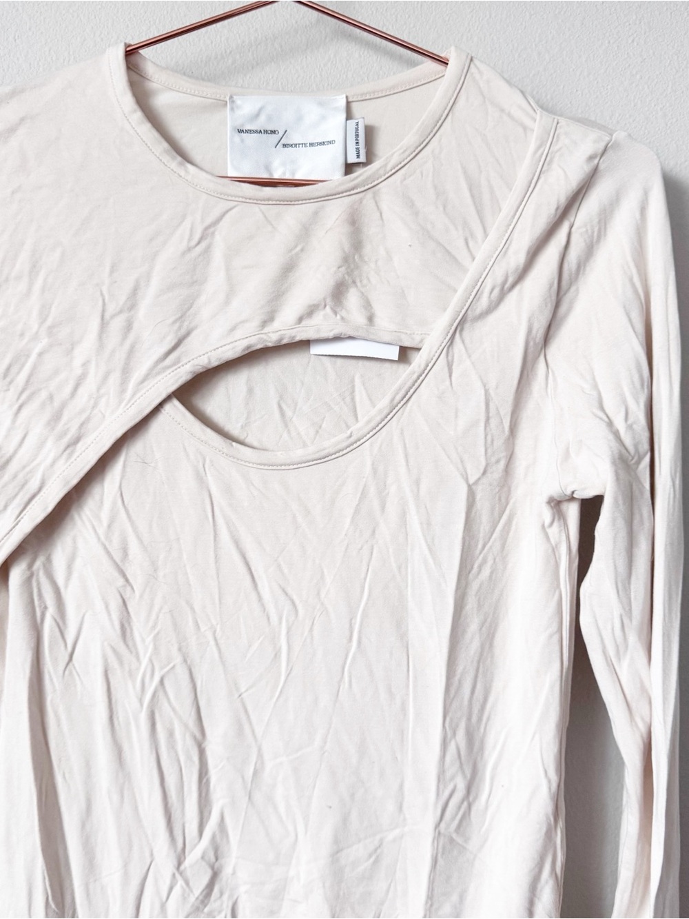 Vanessa Hong x Birgitt Herskind Long Sleeve Cutout Tee in Beige - Minimalist Top - Picture 3 of 11